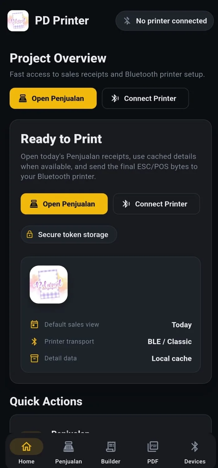 PD Printer overview dashboard with Polaroid POS receipt and printer shortcuts