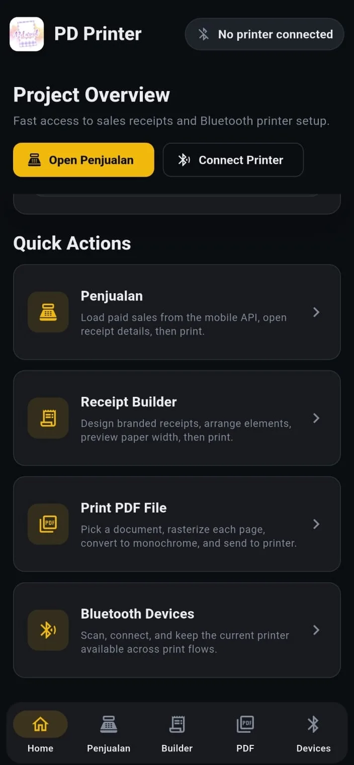 PD Printer quick actions for sales receipts, receipt building, PDF printing, and Bluetooth devices