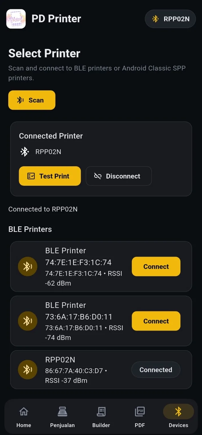 PD Printer Bluetooth thermal printer scanning and connection screen